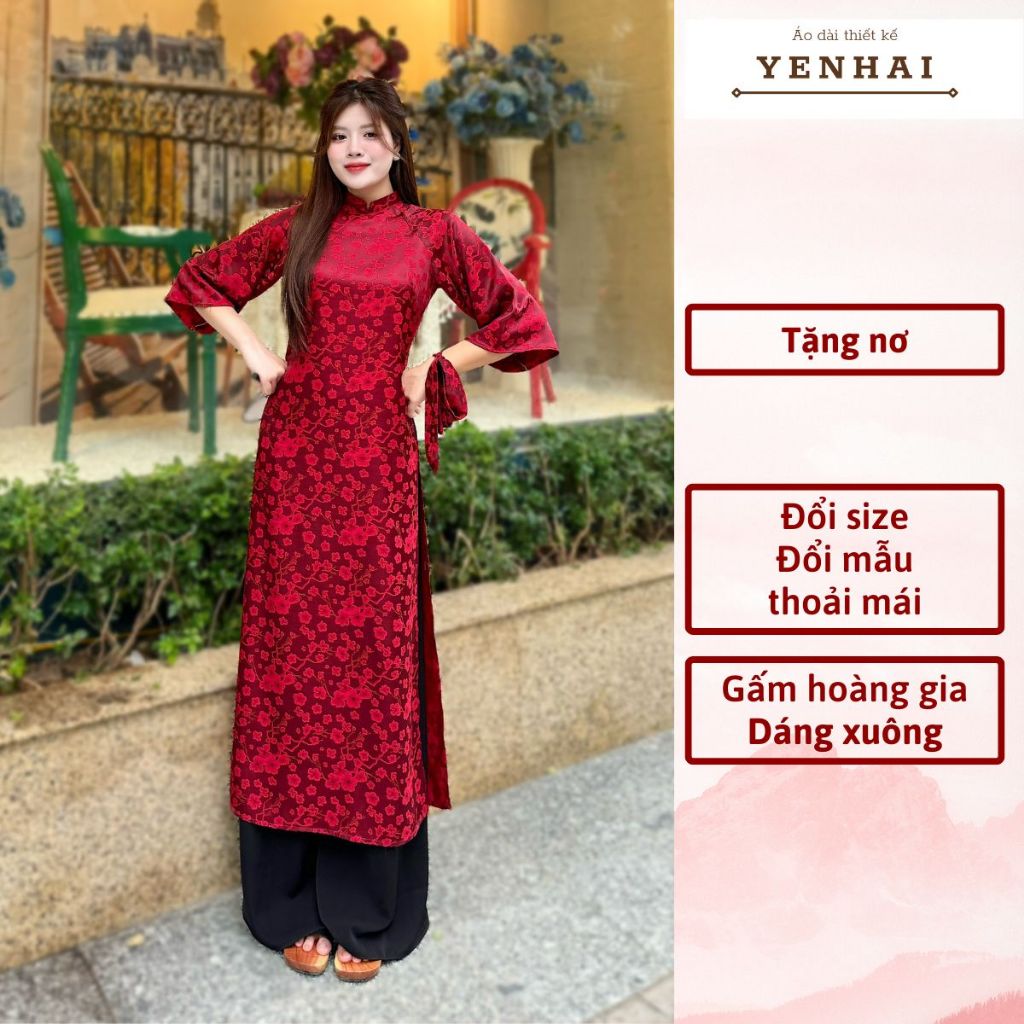 (Tặng nơ) áo dài cách tân chất gấm hoàng gia mặc lễ tết đẹp dáng xuông tay loe