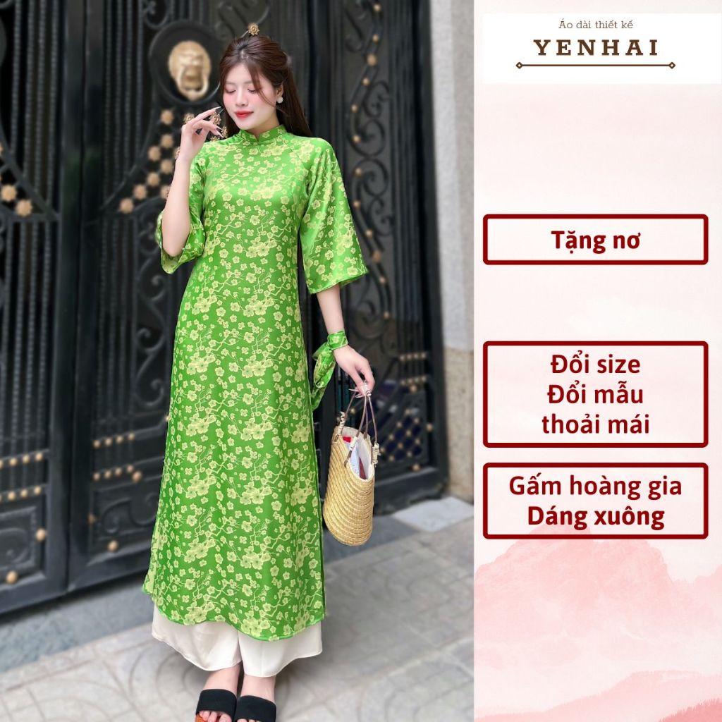 (Tặng nơ) áo dài cách tân chất gấm hoàng gia mặc lễ tết đẹp dáng xuông tay loe