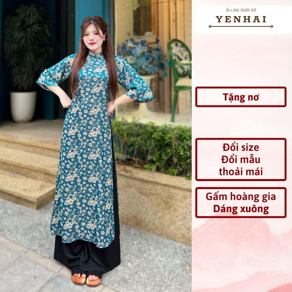 (Tặng nơ) áo dài cách tân chất gấm hoàng gia mặc lễ tết đẹp dáng xuông tay loe