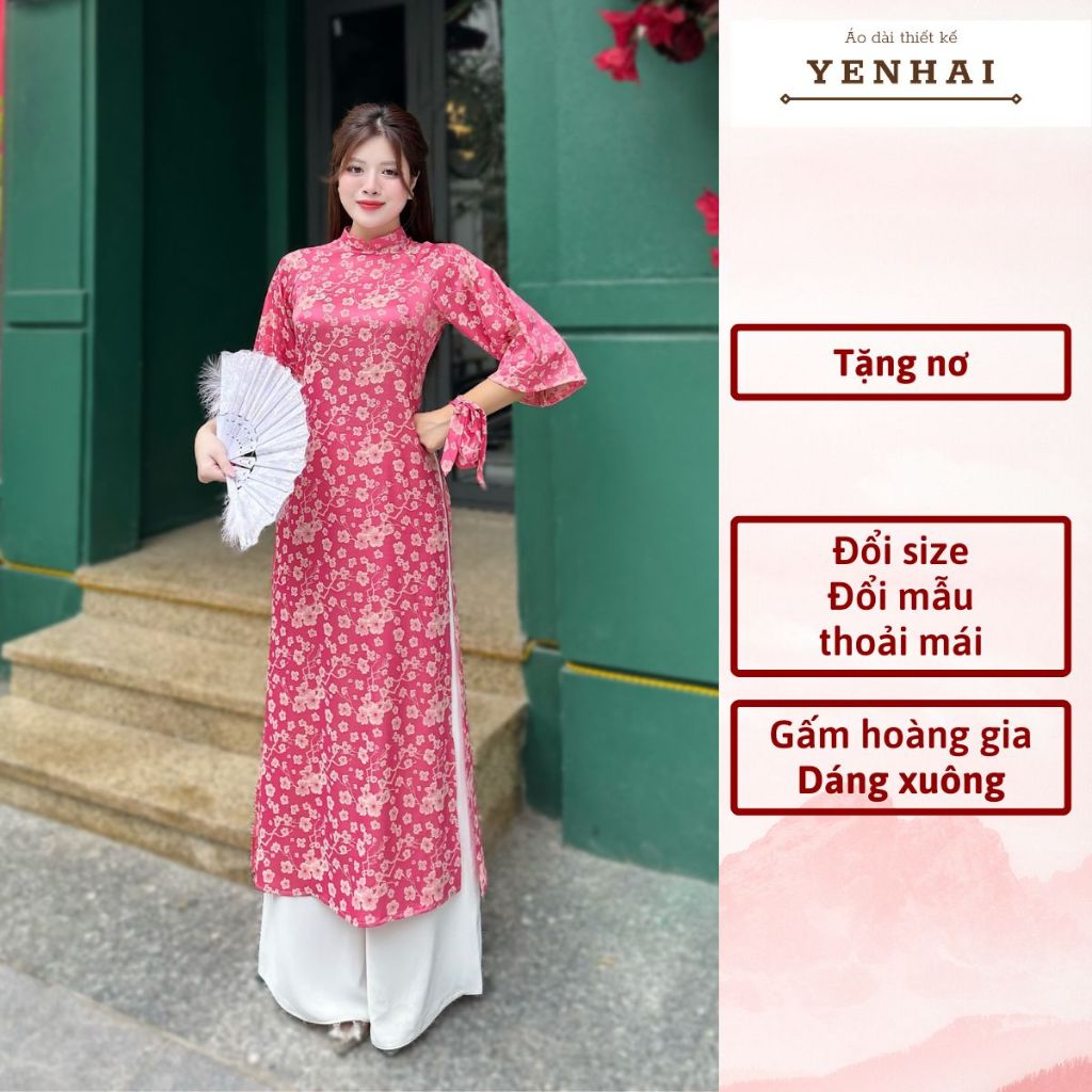 (Tặng nơ) áo dài cách tân chất gấm hoàng gia mặc lễ tết đẹp dáng xuông tay loe