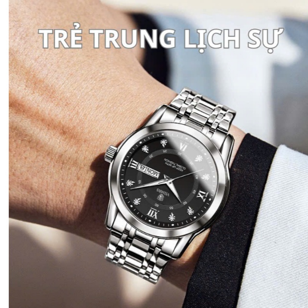 Đồng Hồ Nam VIDARS Đơn Giản Mặt Trơn Viền Bạc Mặt Tròn Dây Thép Có Bộ Lịch Thứ Ngày Chống Nước 3ATM