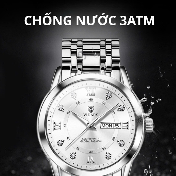 Đồng Hồ Nam VIDARS Đơn Giản Mặt Trơn Viền Bạc Mặt Tròn Dây Thép Có Bộ Lịch Thứ Ngày Chống Nước 3ATM