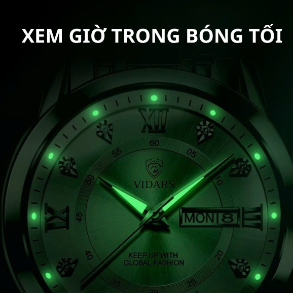 Đồng Hồ Nam VIDARS Đơn Giản Mặt Trơn Viền Bạc Mặt Tròn Dây Thép Có Bộ Lịch Thứ Ngày Chống Nước 3ATM