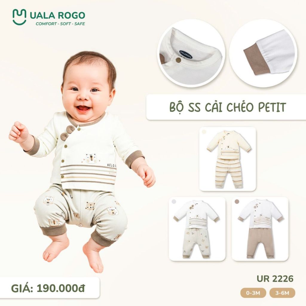Đồ sơ sinh bé trai bé gái Ualarogo dài tay cúc chéo 0-6 tháng vải Petit mềm mịn co giãn 2226