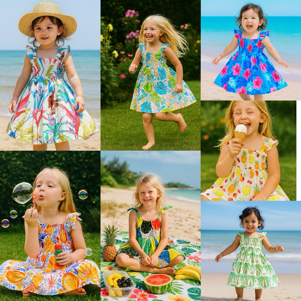 Váy Bé Gái Đũi Đi Biển 2–11Y (10–36kg) – Váy Sắc Màu Siêu Thoáng Mát, Dễ Thương Mùa Hè Mina