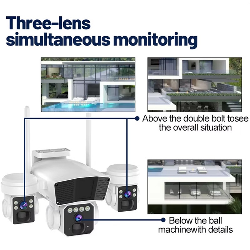 (Lỗi 1 đổi 1)  NEW 2026 Camera năng lượng mặt trời sim 4G giám sát ba màn hình dùng sim 4G, chống nước ip67,3 mắt xoay