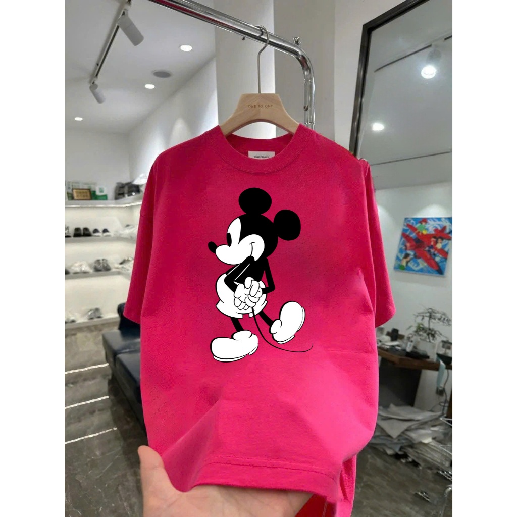 Áo thun in hình chuột Mickey giấu tay ngoái nhìn Unisex Form Rộng Tay Lỡ Cao Cấp Co Giãn 2 Chiều