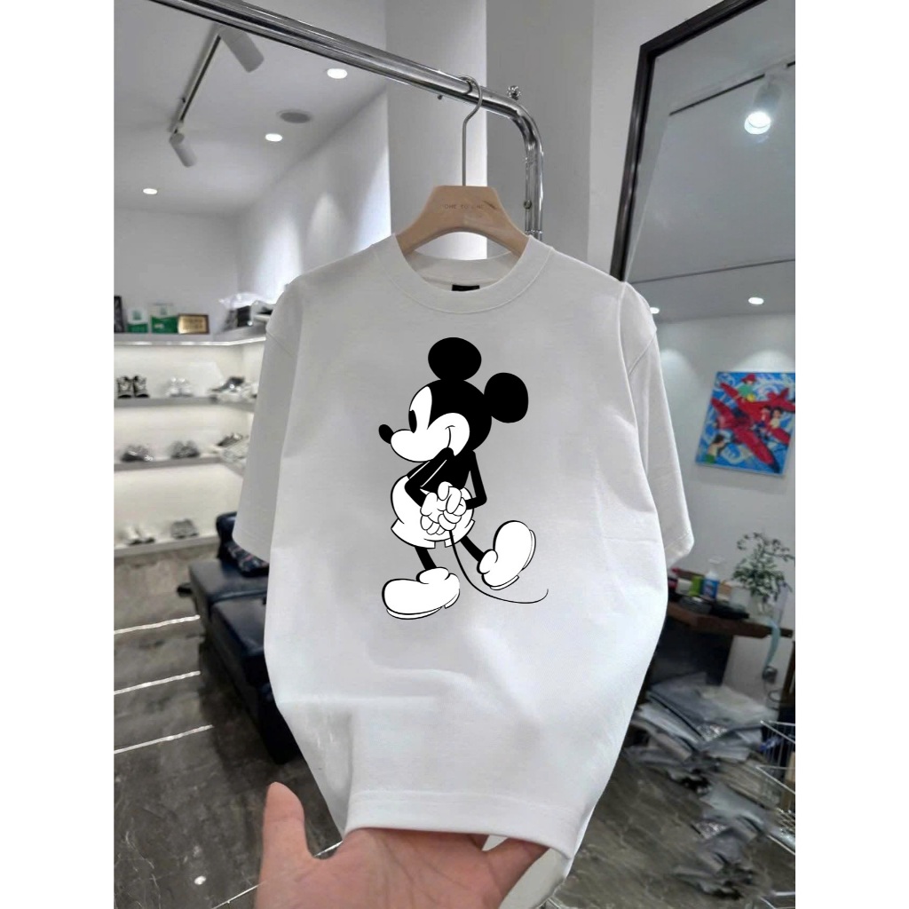Áo thun in hình chuột Mickey giấu tay ngoái nhìn Unisex Form Rộng Tay Lỡ Cao Cấp Co Giãn 2 Chiều