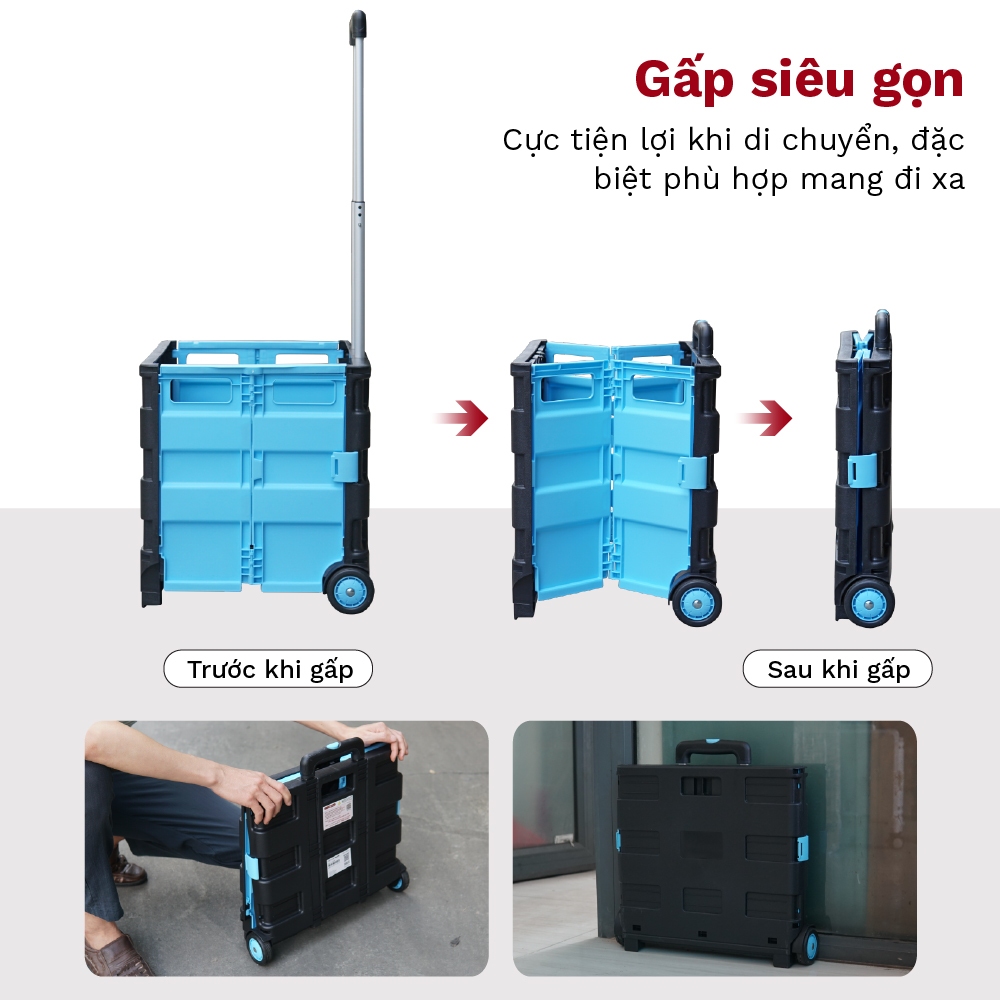 Xe kéo hàng đa năng gấp gọn dáng hộp PT-35C FUJIHOME, Xe chở hàng siêu thị sàn nhựa cao cấp bánh lớn bền đẹp tải 35kg