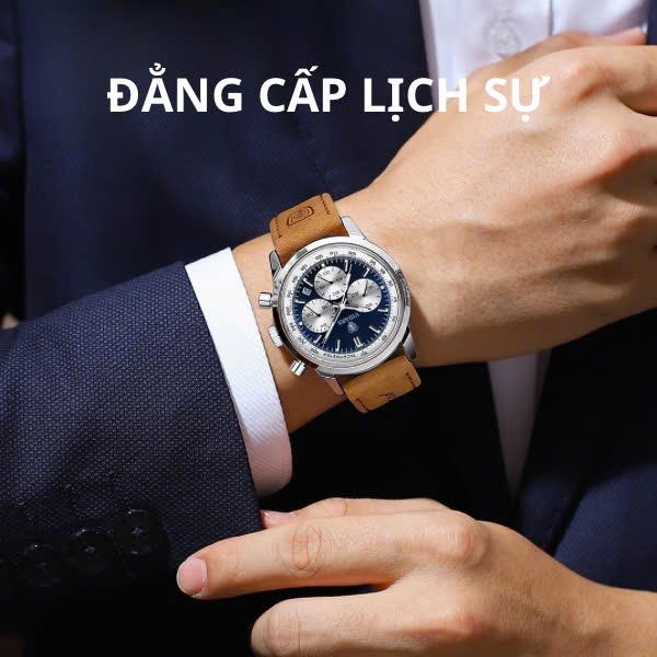 Đồng Hồ Nam VIDARS Ba Mắt Dây Nỉ Dây Nâu Viền Bạc Mặt Xanh Chống Nước 3ATM Đeo Tay Watch