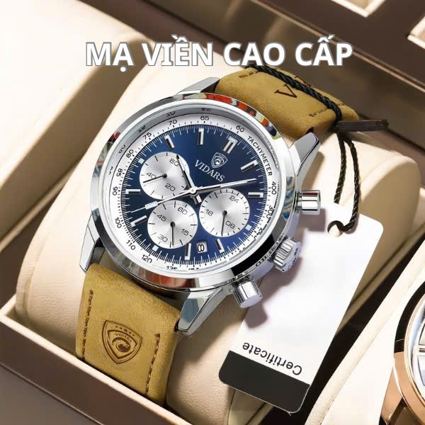 Đồng Hồ Nam VIDARS Ba Mắt Dây Nỉ Dây Nâu Viền Bạc Mặt Xanh Chống Nước 3ATM Đeo Tay Watch