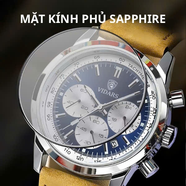 Đồng Hồ Nam VIDARS Ba Mắt Dây Nỉ Dây Nâu Viền Bạc Mặt Xanh Chống Nước 3ATM Đeo Tay Watch