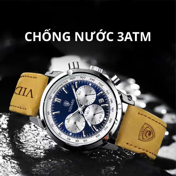 Đồng Hồ Nam VIDARS Ba Mắt Dây Nỉ Dây Nâu Viền Bạc Mặt Xanh Chống Nước 3ATM Đeo Tay Watch
