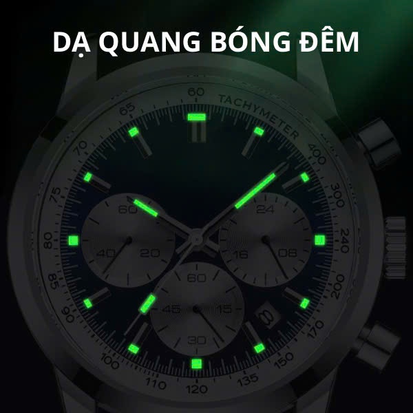 Đồng Hồ Nam VIDARS Ba Mắt Dây Nỉ Dây Nâu Viền Bạc Mặt Xanh Chống Nước 3ATM Đeo Tay Watch