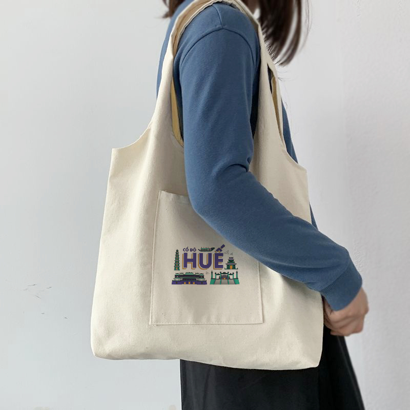 Túi tote liền thân quai dài họa tiết Việt Nam Hà Nội Huế HCM túi vải canvas đeo vai đi chơi du lịch tuicwh0216