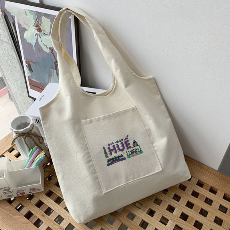 Túi tote liền thân quai dài họa tiết Việt Nam Hà Nội Huế HCM túi vải canvas đeo vai đi chơi du lịch tuicwh0216