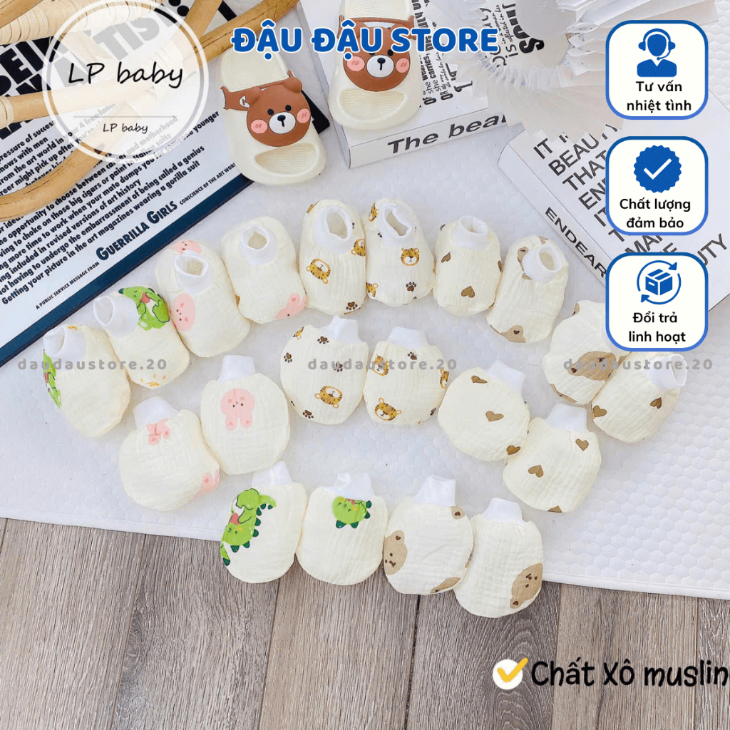 Bao Chân Bao Tay MUSLIN LP Cho Bé sơ sinh mềm mịn thoáng mát co giãn in họa tiết Đậu Đậu Store