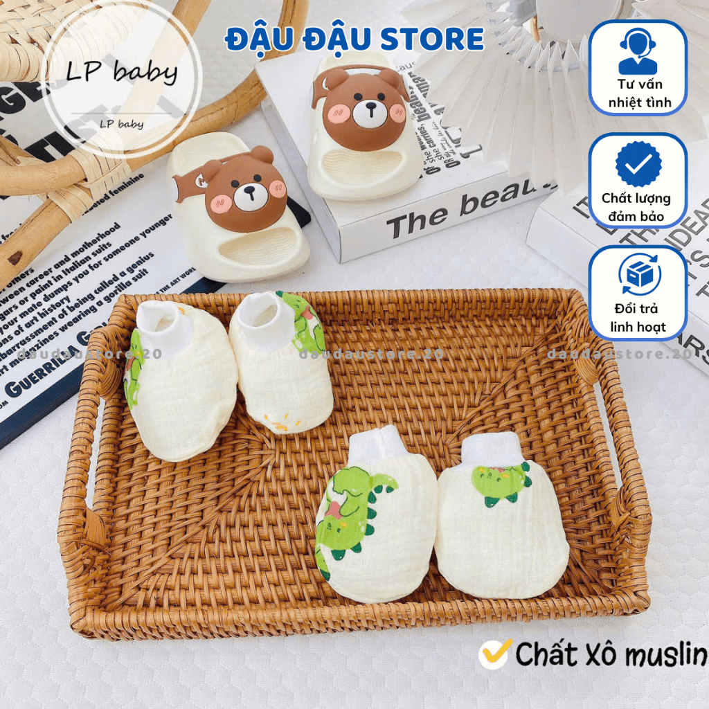 Bao Chân Bao Tay MUSLIN LP Cho Bé sơ sinh mềm mịn thoáng mát co giãn in họa tiết Đậu Đậu Store