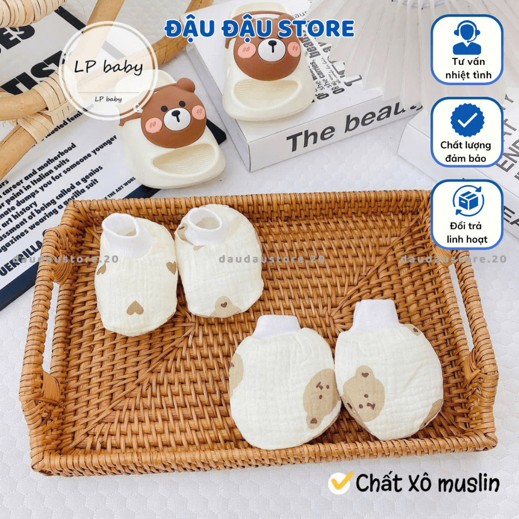 Bao Chân Bao Tay MUSLIN LP Cho Bé sơ sinh mềm mịn thoáng mát co giãn in họa tiết Đậu Đậu Store
