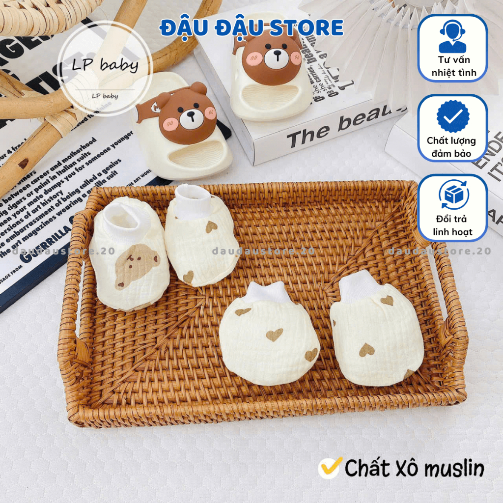 Bao Chân Bao Tay MUSLIN LP Cho Bé sơ sinh mềm mịn thoáng mát co giãn in họa tiết Đậu Đậu Store
