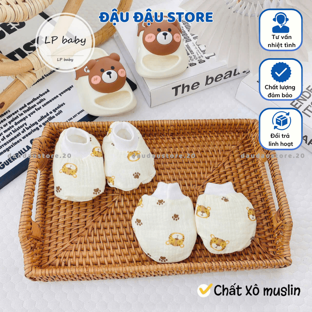Bao Chân Bao Tay MUSLIN LP Cho Bé sơ sinh mềm mịn thoáng mát co giãn in họa tiết Đậu Đậu Store