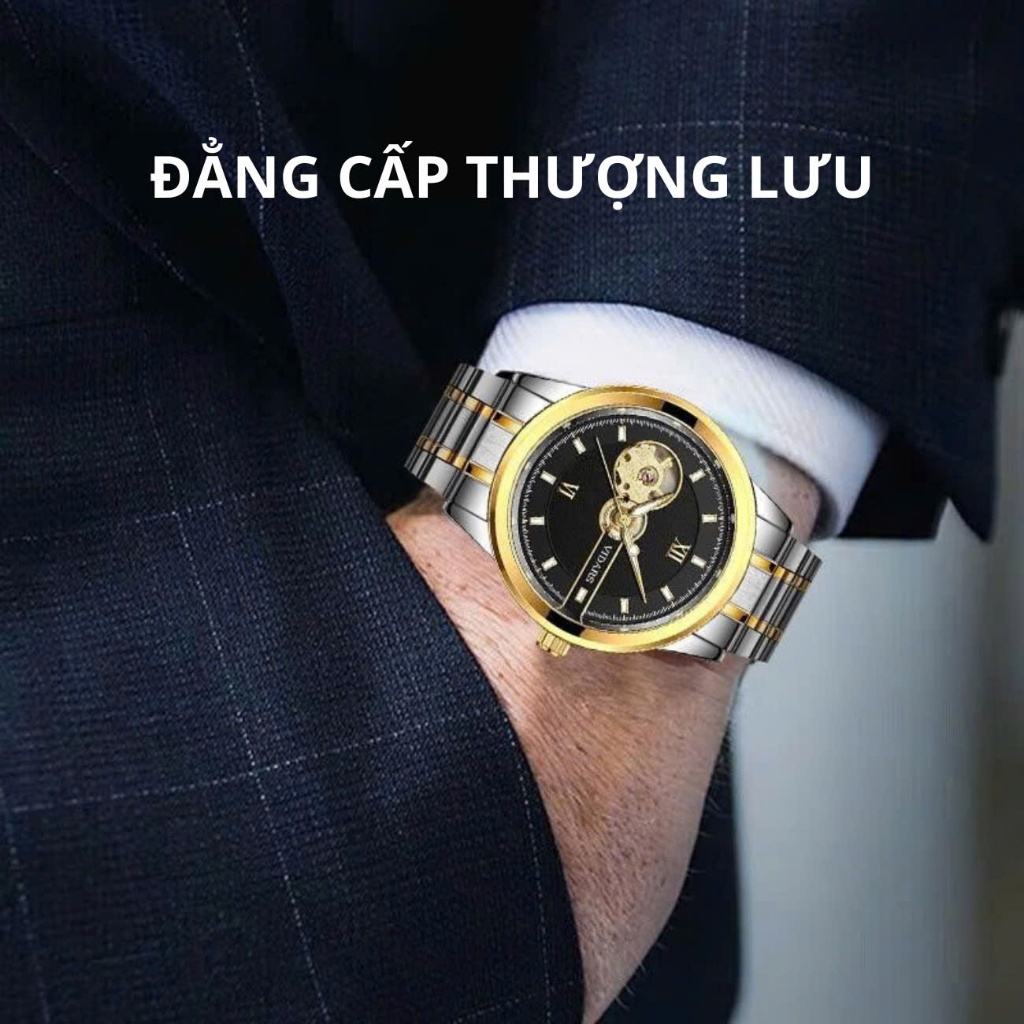 Đồng Hồ Cơ Nam VIDARS Dây Thép Mặt Tròn Lộ Cơ Vòng Kết Nối Cọc Số La Mã Chống Nước 3ATM Chính Hãng