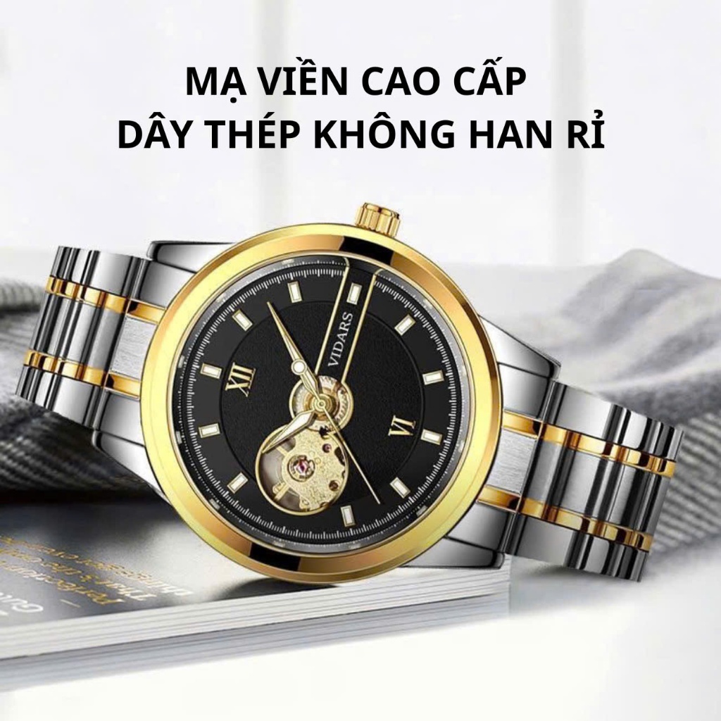 Đồng Hồ Cơ Nam VIDARS Dây Thép Mặt Tròn Lộ Cơ Vòng Kết Nối Cọc Số La Mã Chống Nước 3ATM Chính Hãng