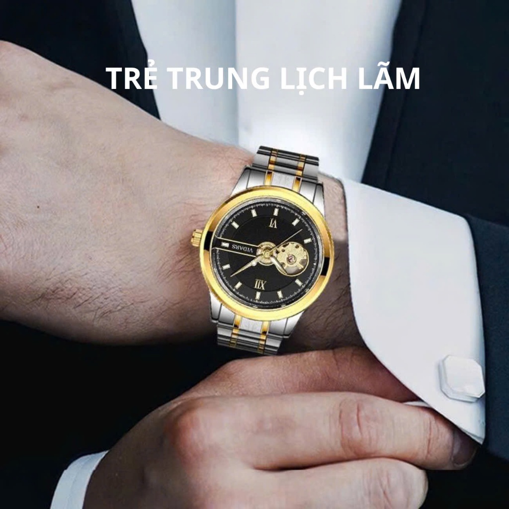 Đồng Hồ Cơ Nam VIDARS Dây Thép Mặt Tròn Lộ Cơ Vòng Kết Nối Cọc Số La Mã Chống Nước 3ATM Chính Hãng