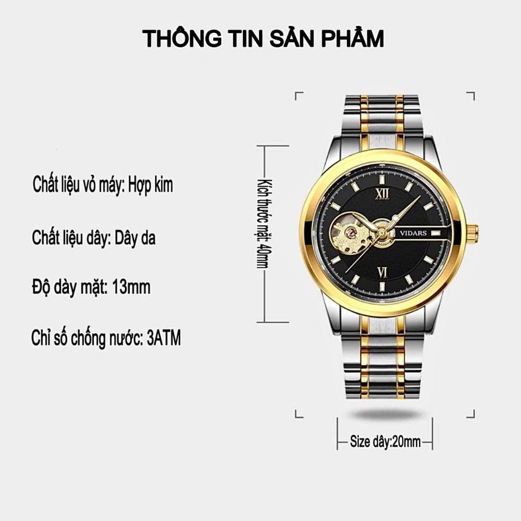 Đồng Hồ Cơ Nam VIDARS Dây Thép Mặt Tròn Lộ Cơ Vòng Kết Nối Cọc Số La Mã Chống Nước 3ATM Chính Hãng