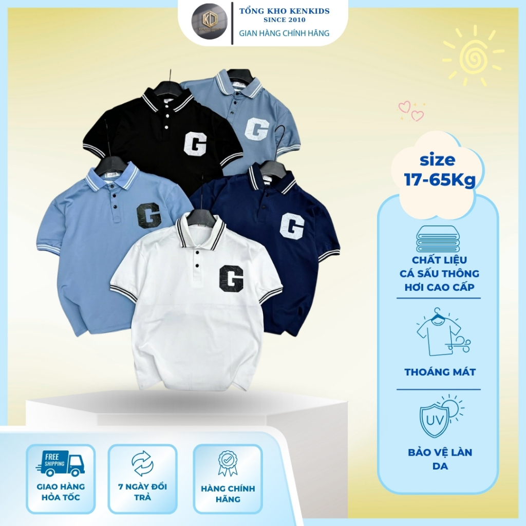 A Áo POLO Cho Bé Trai CHỮ G, Vải Cá Sấu Thông Hơi Cao Cấp Co Giãn 4 Chiều, 5 Màu, Size 17-65Kg A