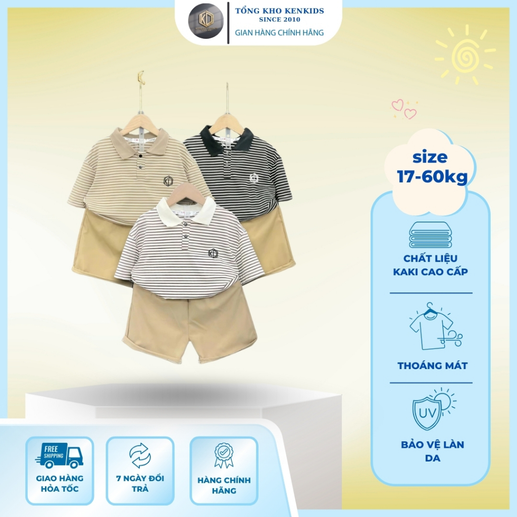 A Đồ Bộ Bé Trai Size Đại 17-60kg, Quần Kaki Mềm Phối Áo Polo Kẻ Ngang [KB04] A