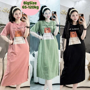 Đầm xuông gấu đeo kính ( bầu mặc được ) . Đầm xuông dài qua gối . Đầm bầu bigsize Thai sản