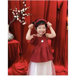 Set váy áo đỏ chân váy trắng linen cho bé