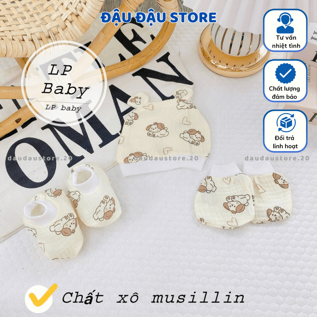 Set Mũ Bao Tay Bao Chân MUSLIN size 0- 3 tháng LP Cho Bé mềm mịn thoáng mát co giãn in họa tiết Đậu Đậu Store