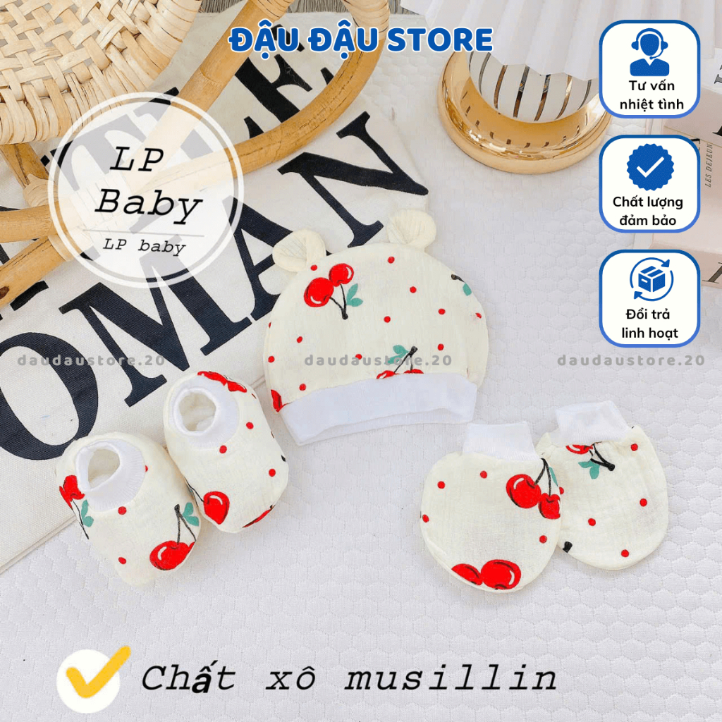 Set Mũ Bao Tay Bao Chân MUSLIN size 0- 3 tháng LP Cho Bé mềm mịn thoáng mát co giãn in họa tiết Đậu Đậu Store