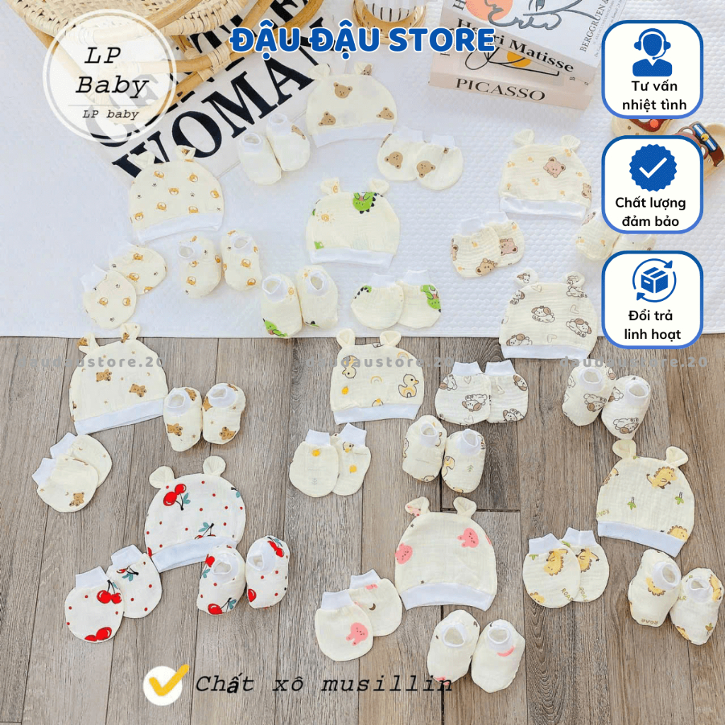Set Mũ Bao Tay Bao Chân MUSLIN size 0- 3 tháng LP Cho Bé mềm mịn thoáng mát co giãn in họa tiết Đậu Đậu Store