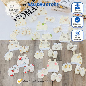 Set Mũ Bao Tay Bao Chân MUSLIN size 0- 3 tháng LP Cho Bé mềm mịn thoáng mát co giãn in họa tiết Đậu Đậu Store
