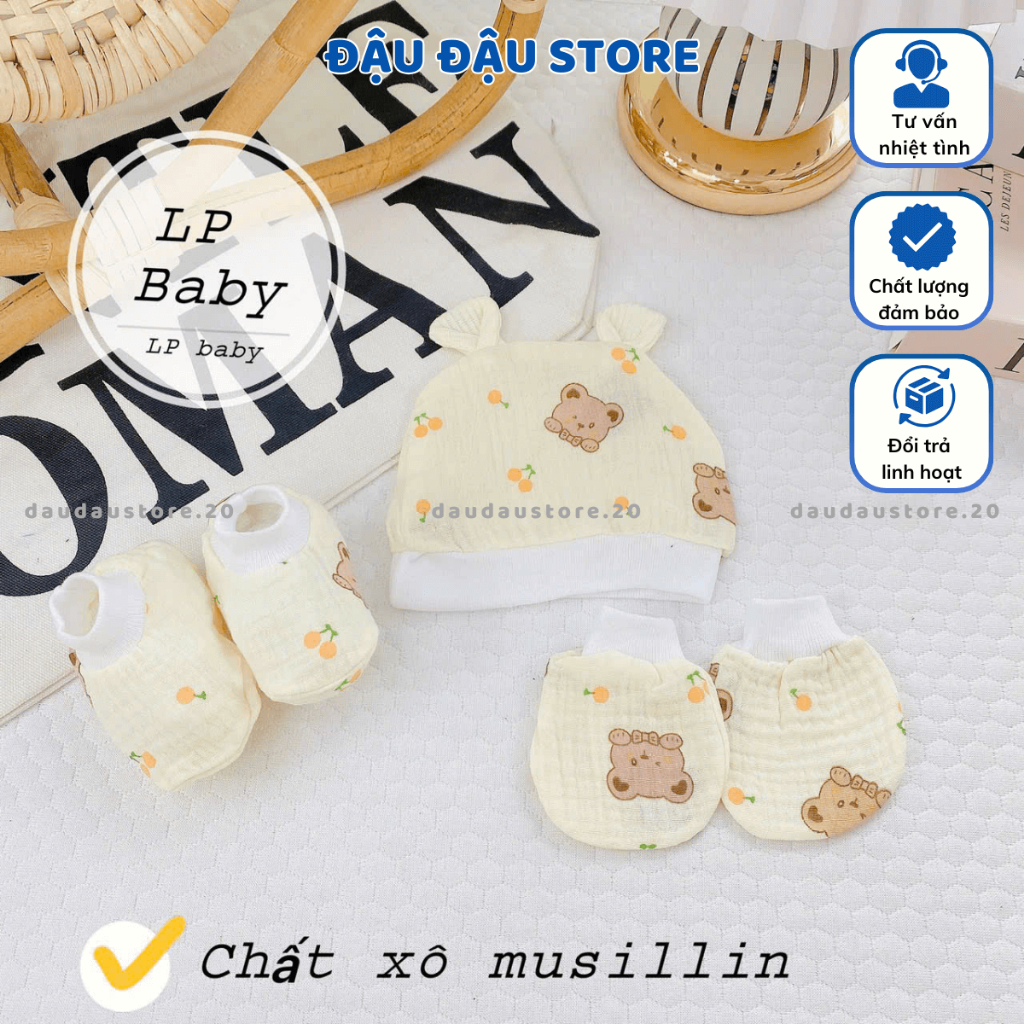 Set Mũ Bao Tay Bao Chân MUSLIN size 0- 3 tháng LP Cho Bé mềm mịn thoáng mát co giãn in họa tiết Đậu Đậu Store