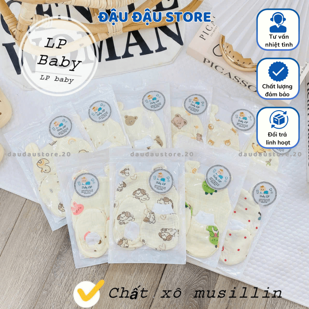 Set Mũ Bao Tay Bao Chân MUSLIN size 0- 3 tháng LP Cho Bé mềm mịn thoáng mát co giãn in họa tiết Đậu Đậu Store
