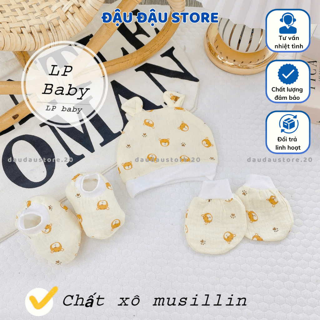 Set Mũ Bao Tay Bao Chân MUSLIN size 0- 3 tháng LP Cho Bé mềm mịn thoáng mát co giãn in họa tiết Đậu Đậu Store