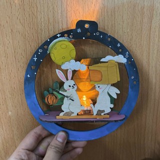 [Set 2 chiếc 2D] Bộ 2 Lồng Đèn Trung Thu Handmade 3D - Đèn Lồng Gỗ Cho Bé Tô Màu - Giao Ngẫu Nhiên