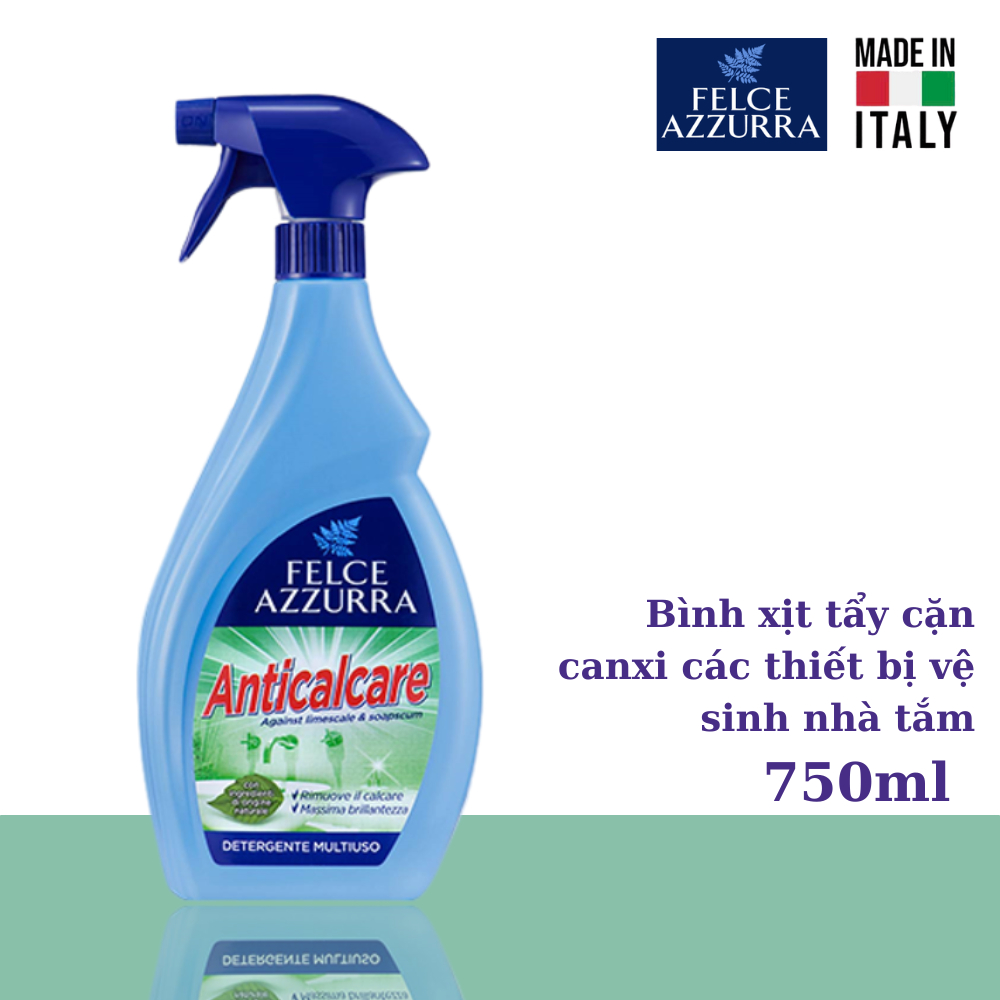 Bình xịt tẩy cặn canxi thiết bị inox, men sứ hương nước hoa nhà tắm Felce Azzurra - 750ml - NK Ý