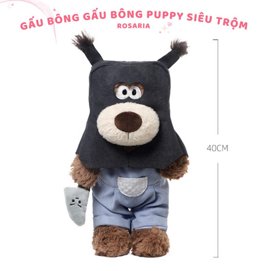 Gấu bông Puppy siêu trộm đáng yêu. Thú nhồi bông chó cún mặc yếm trùm đầu siêu trộm 40cm, Quà tặng sinh nhật Rosaria