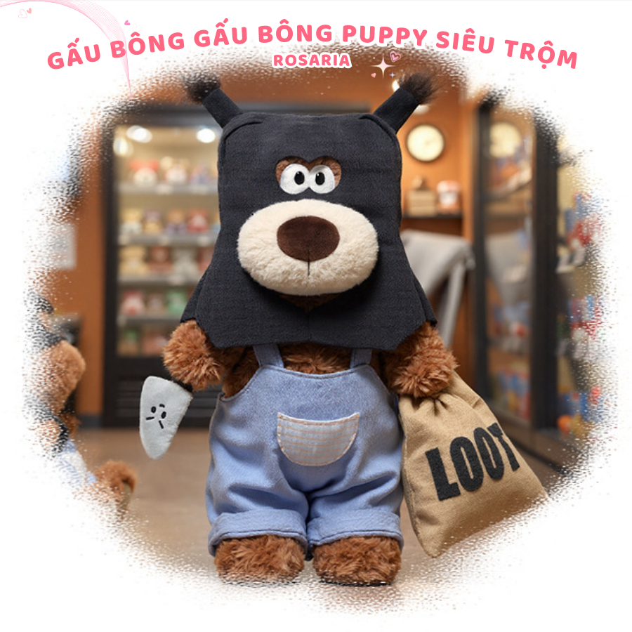 Gấu bông Puppy siêu trộm đáng yêu. Thú nhồi bông chó cún mặc yếm trùm đầu siêu trộm 40cm, Quà tặng sinh nhật Rosaria