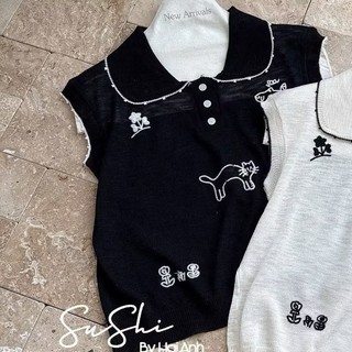 Áo Len Mongtoghi Ngắn Tay Nữ Họa Tiết Cute QCCC Cao Cấp