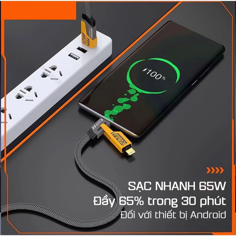 Dây Cáp sạc nhanh 4 IN 1 bền dẻo chống đứt gồm 4 cổng sạc 2 đầu USB Type c và 2 đầu ra Type C LN