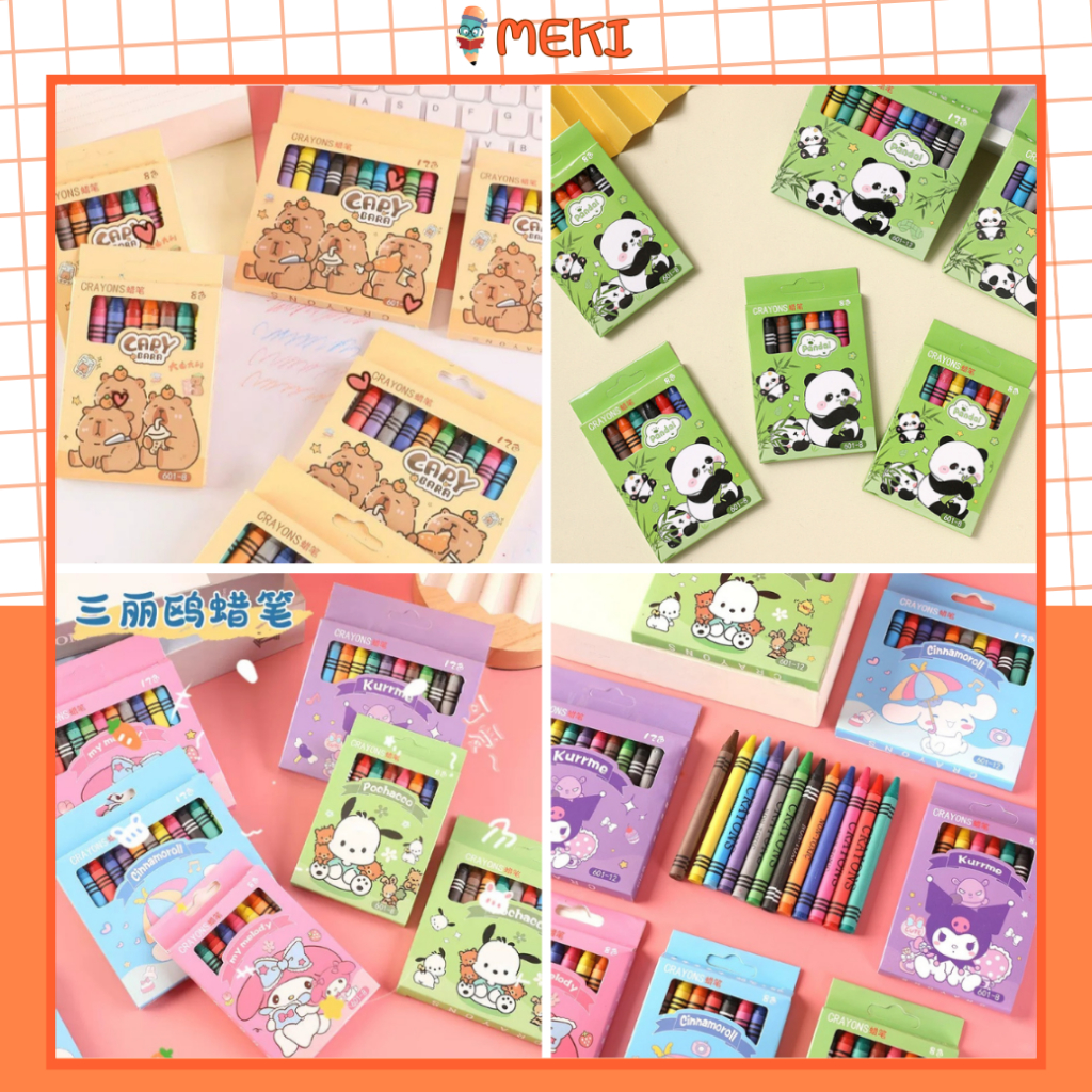 Bút Sáp Màu Cho Bé Tô Vẽ Hình Capybara, Panda, Sanrio - Hộp 8/12 Màu An To n Không ước Hại, Quà  Tặng Học Sinh