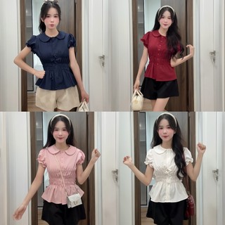 Áo sơ mi cổ sen 1 lớp tay bo cộc tay chun eo 3 hàng phối dây nơ buộc sau HaChang - A63