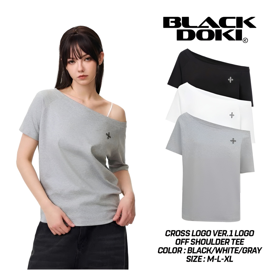 BLACKDOKI Áo thun trễ vai CROSS LOGO basic tay ngắn lệch vai cotton 250gsm nữ womanwear