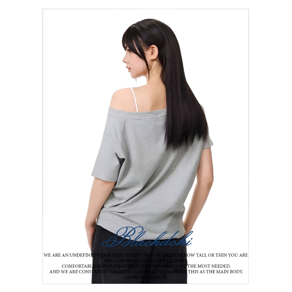 BLACKDOKI Áo thun trễ vai CROSS LOGO basic tay ngắn lệch vai cotton 250gsm nữ womanwear